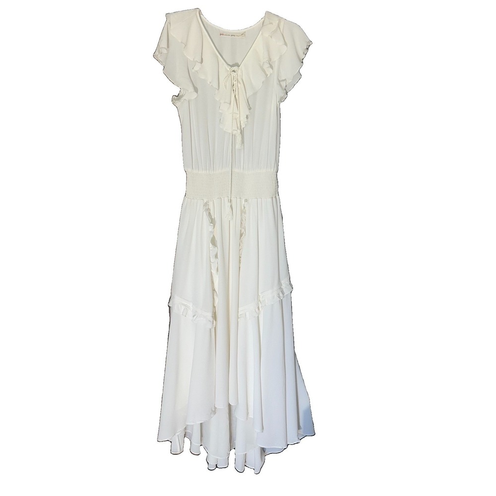Chelsea and Violet Dress L White HighLowMaxi Flutter Sleeve VNeck Tie Tassel New